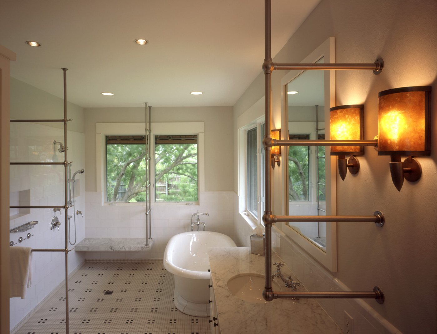 Tub and accessible shower of a master bathroom.