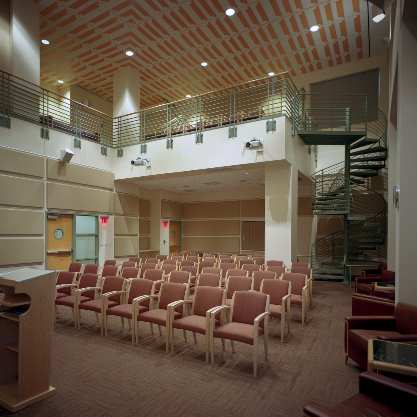 A two-floor auditorium room.