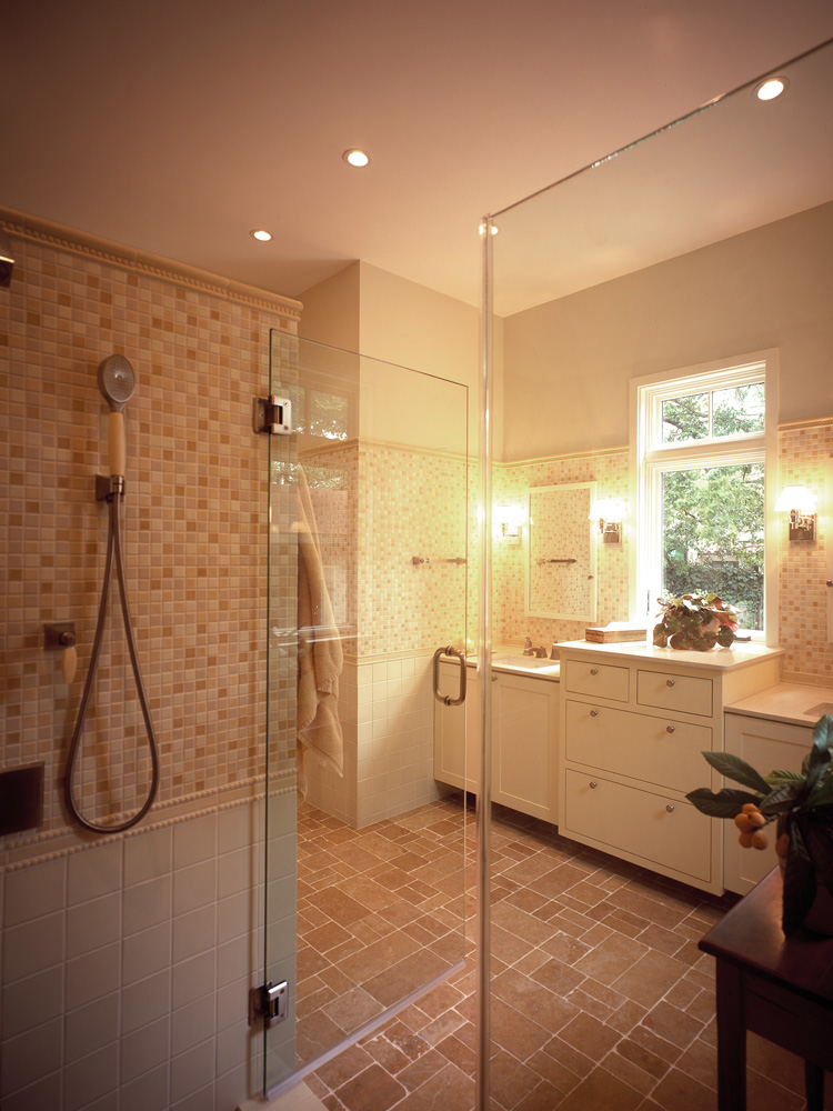 Glass doors of a master bathrooms shower.